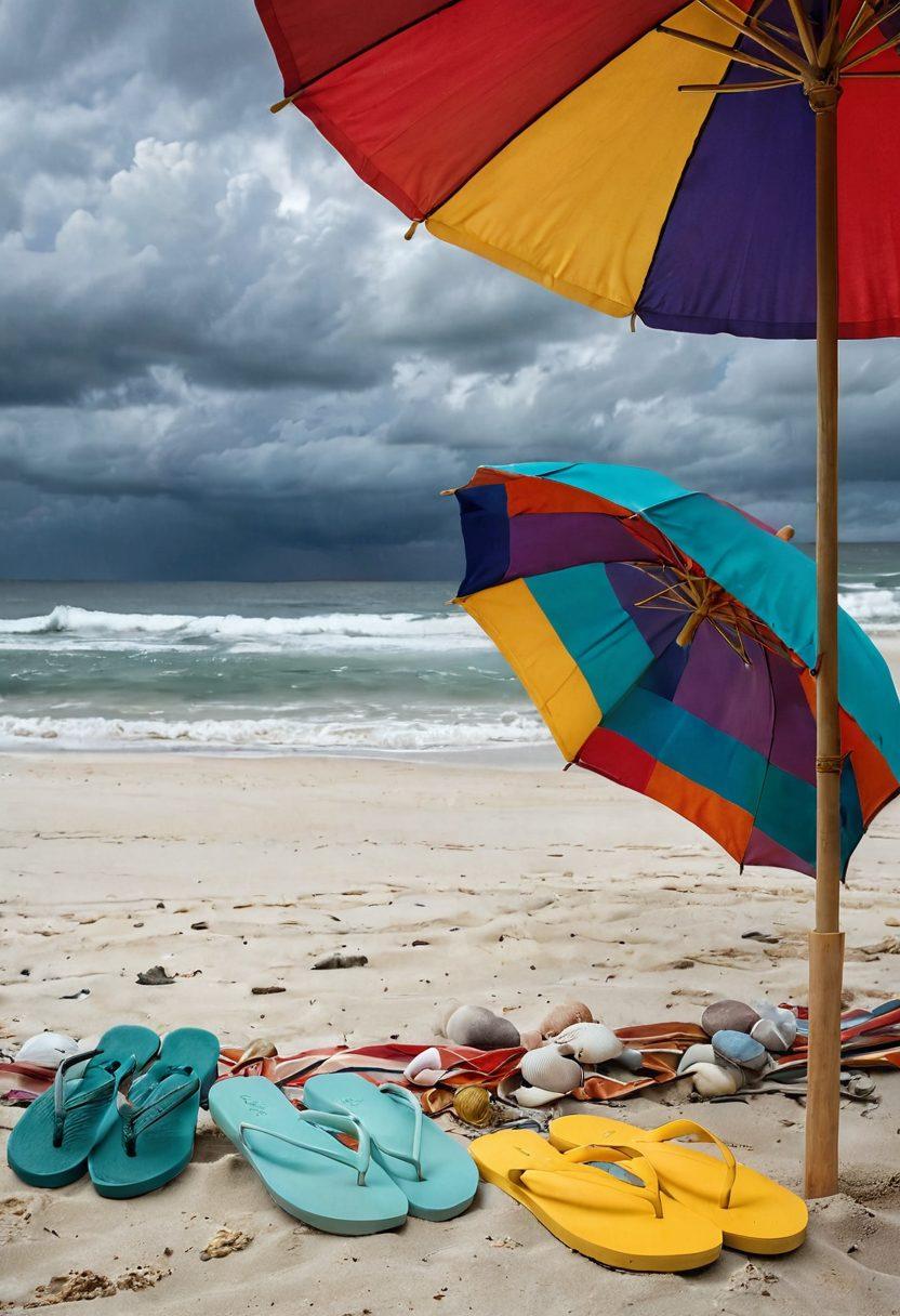 A cozy seaside setting featuring stylish beachwear outfits on a clothesline, contrasting vibrant swimwear with a moody, gray overcast sky. Nearby, a pair of colorful beach sandals rests on soft sand, alongside a vintage beach umbrella providing shelter from the gloom. Add touches of marine life like shells and sea glass for added texture. super-realistic. muted colors. soft lighting.