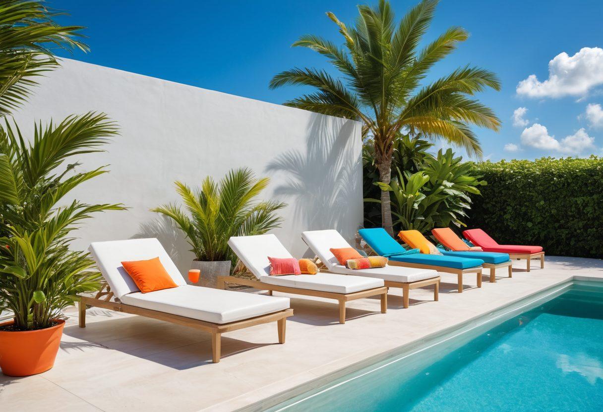 A vibrant poolside scene featuring an array of colorful swimwear styles displayed on mannequins. The sunlight casts warm rays, enhancing the bright hues of the swimwear, while a serene blue sky and fluffy white clouds set a peaceful backdrop. Include lounge chairs and tropical plants to create a relaxed atmosphere. The overall mood should be uplifting and inviting, symbolizing joy and confidence against the backdrop of summer. super-realistic. vibrant colors. white background.